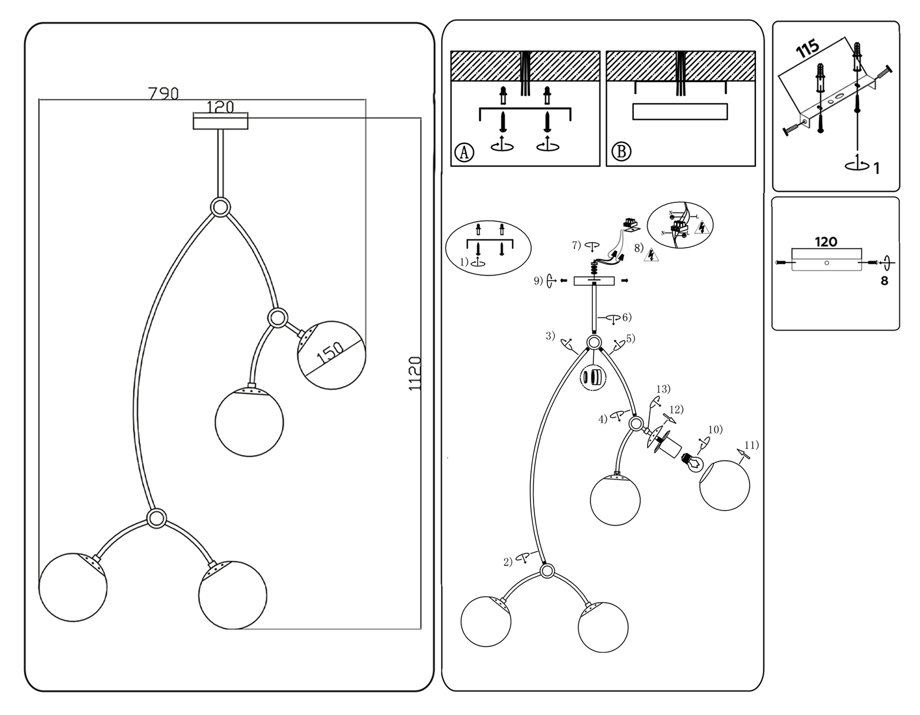 TR2572/4 WH/BK белый/черный E27/4 max 60W D790*1120